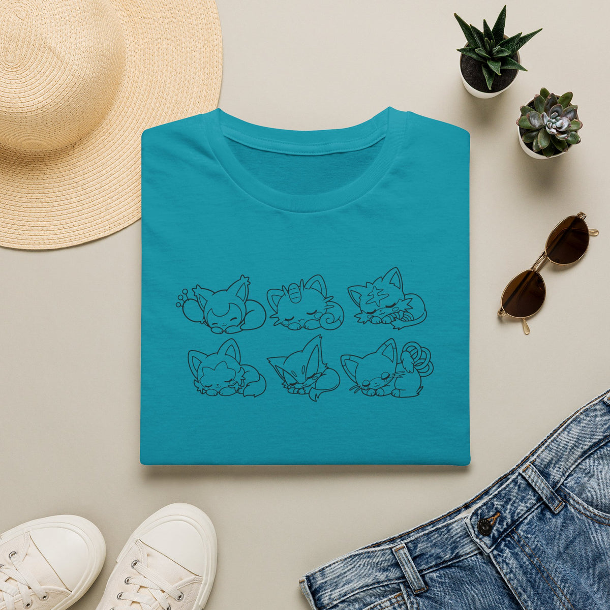Sleeping Pokémon Cats Line Art T-Shirt | Pastel Rainbow Kitten Trio Anime Tee Shirt
