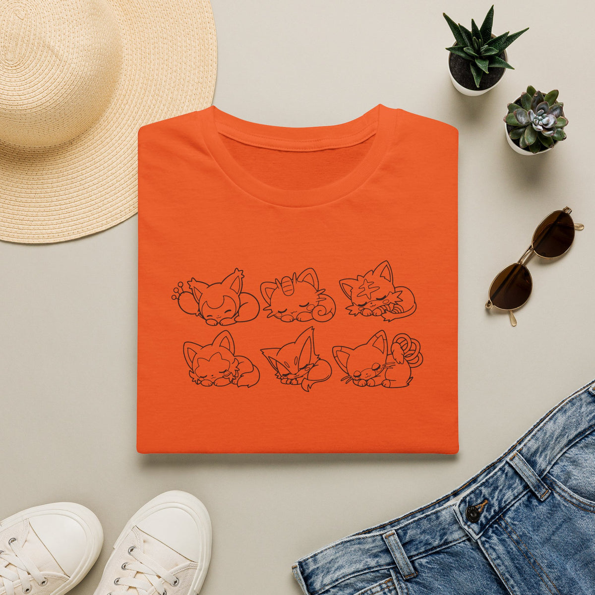 Sleeping Pokémon Cats Line Art T-Shirt | Pastel Rainbow Kitten Trio Anime Tee Shirt