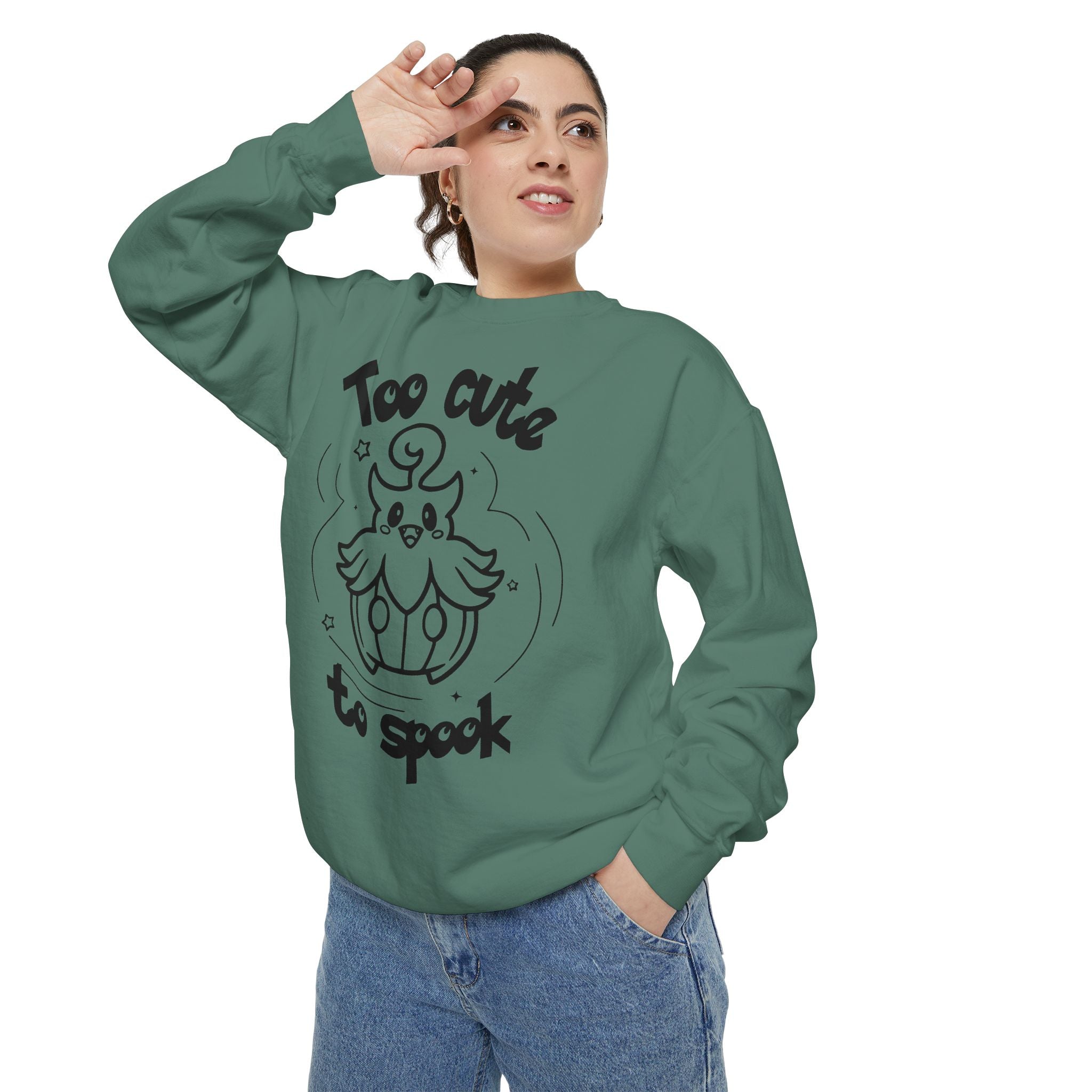 Too Cute to Spook Crewneck Sweatshirt | Comfy Halloween Theme Ghost Pumpkin Design