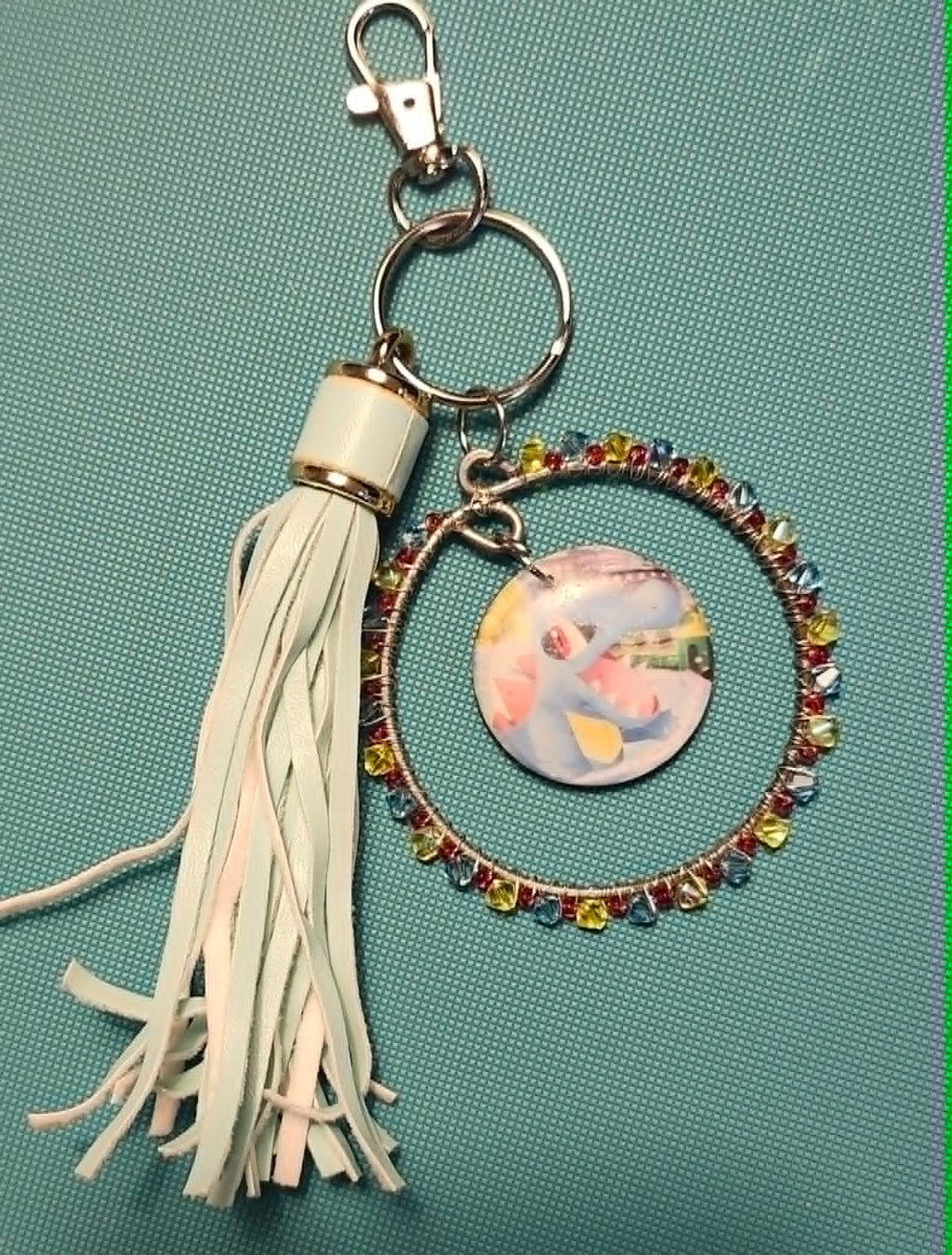 Totodile Inspired Handmade Pokémon Charm – Resin Keychain with Crystal Beads & Tassel