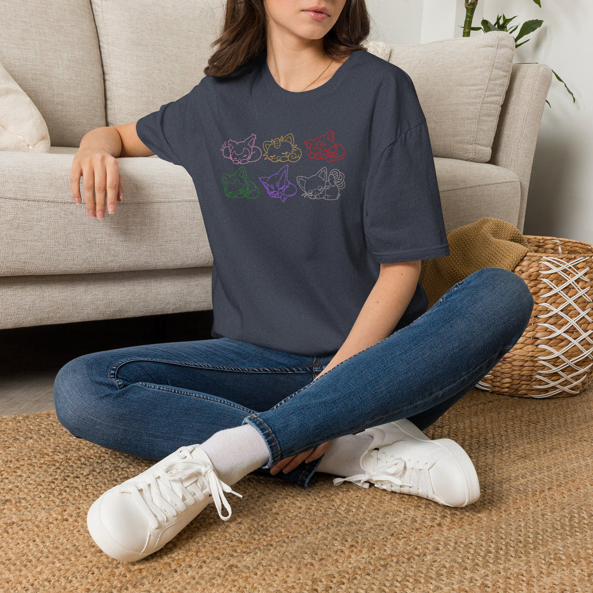 Sleeping Pokémon Cats Line Art T-Shirt | Pastel Rainbow Kitten Trio Anime Tee Shirt