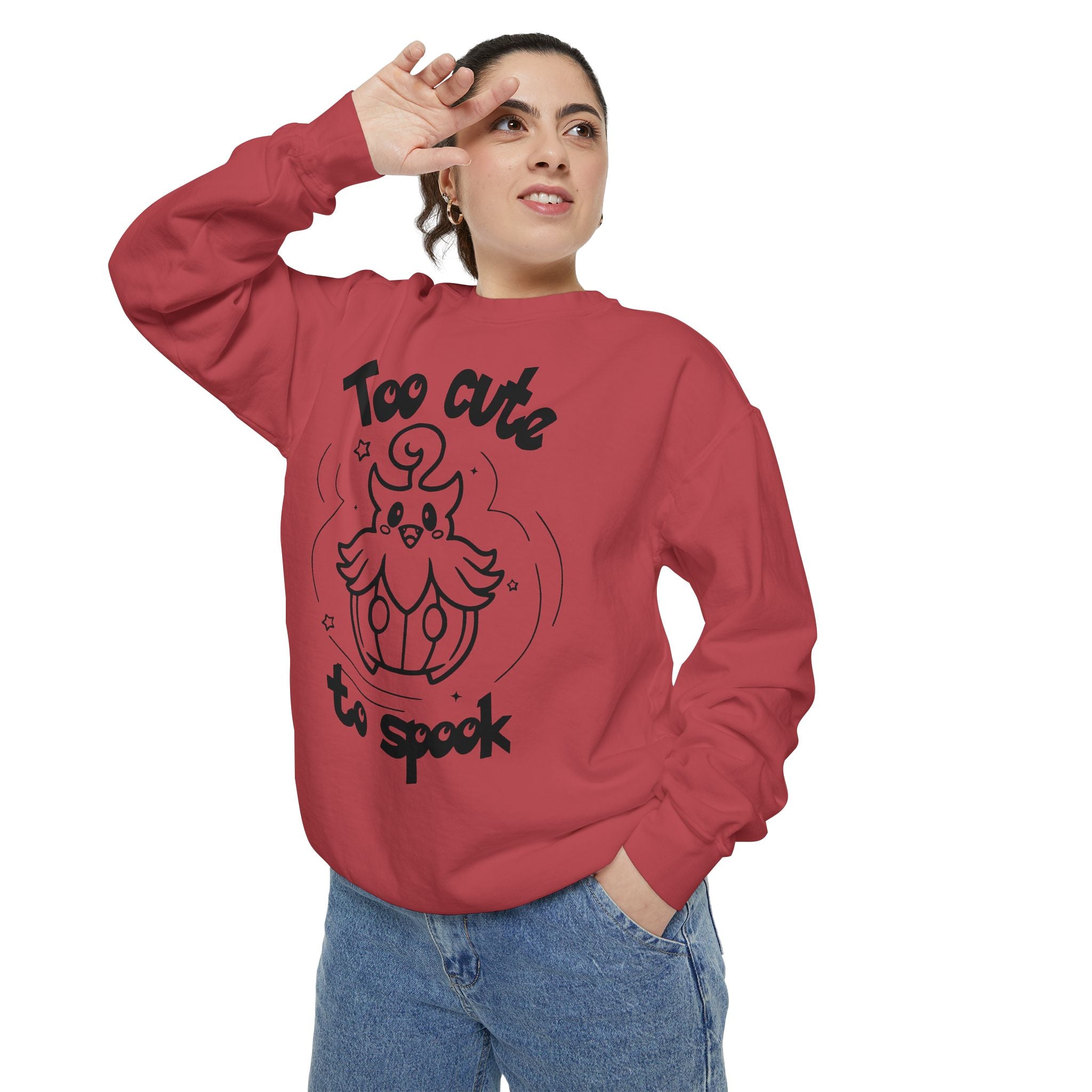 Too Cute to Spook Crewneck Sweatshirt | Comfy Halloween Theme Ghost Pumpkin Design