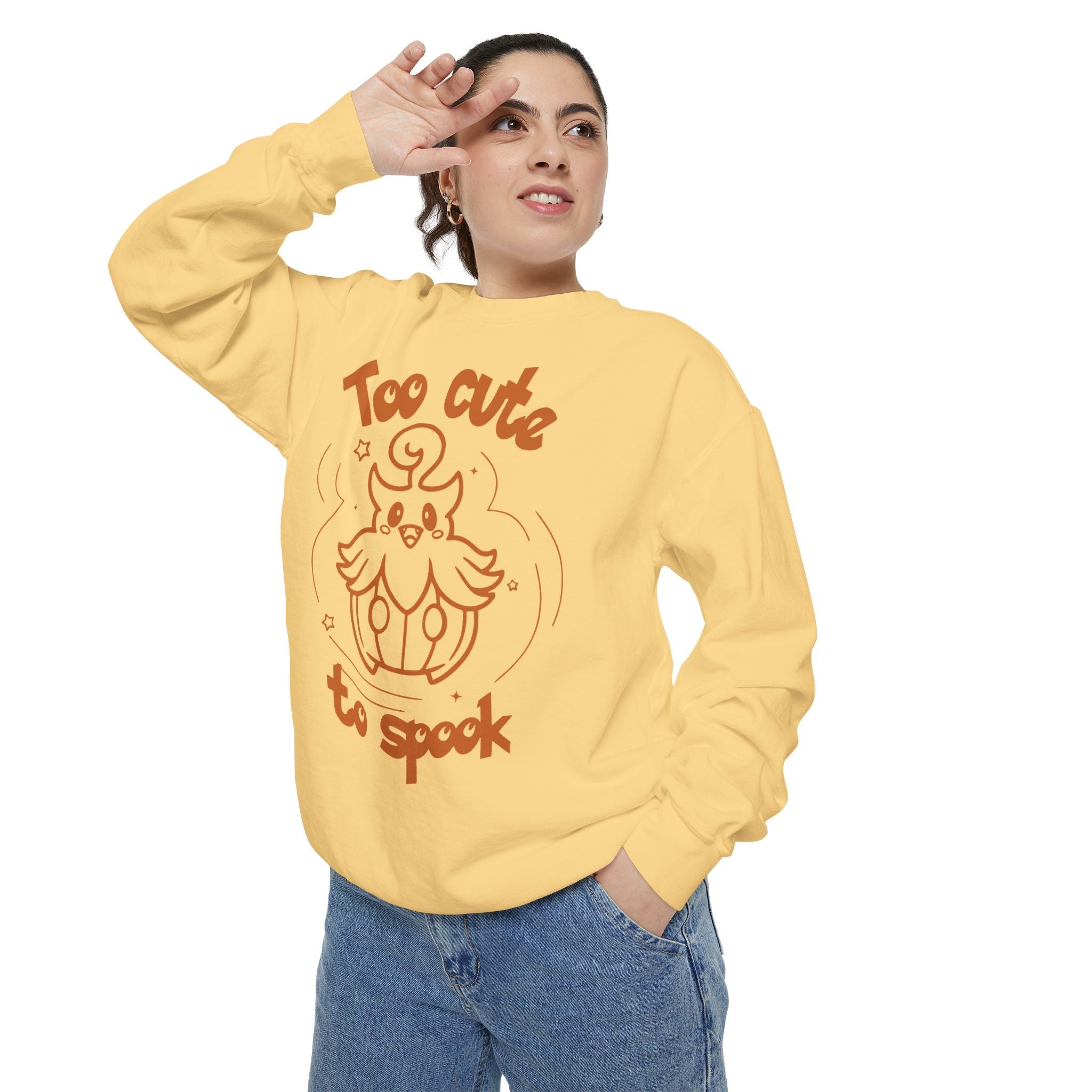 Too Cute to Spook Crewneck Sweatshirt | Comfy Halloween Theme Ghost Pumpkin Design