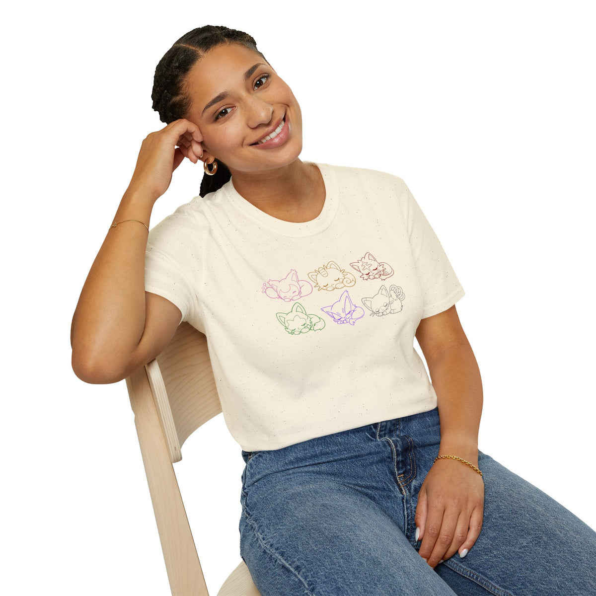Sleeping Pokémon Cats Line Art T-Shirt | Pastel Rainbow Kitten Trio Anime Tee Shirt