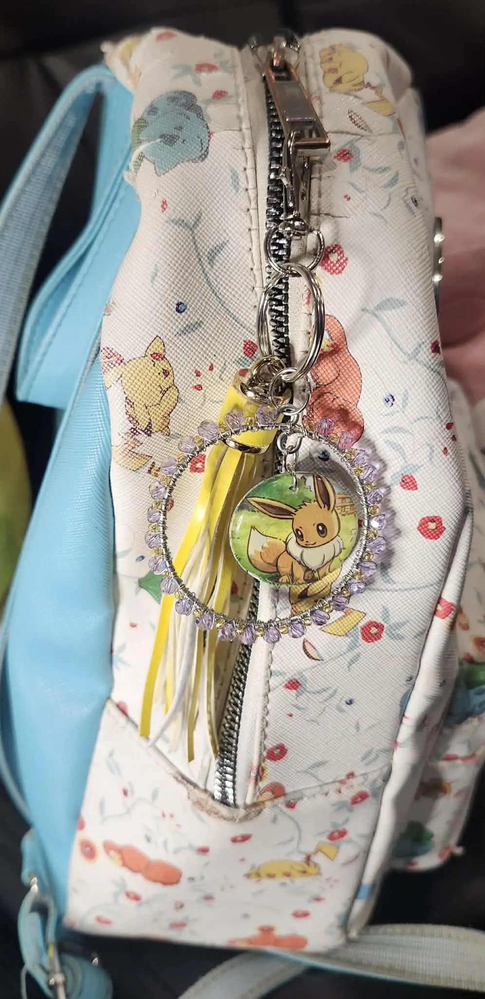 Handmade Eevee Keychain | Pokémon Bag Charm | Cute Kawaii Anime Keyring | Purple Beaded Charm with Tassel | Geek Gift for Women